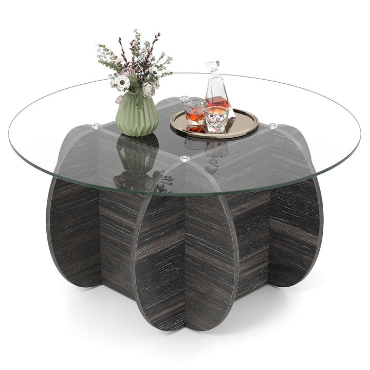 Giantex 35" Glass Round Coffee Table with Storage Tempered Glass Top & Solid Wood Base