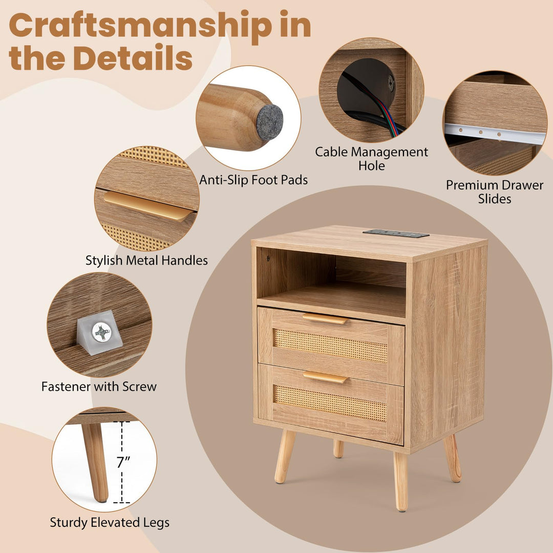 GIANTEX Rattan Nightstand with 2 Drawers &amp; Open Shelf (1/2)
