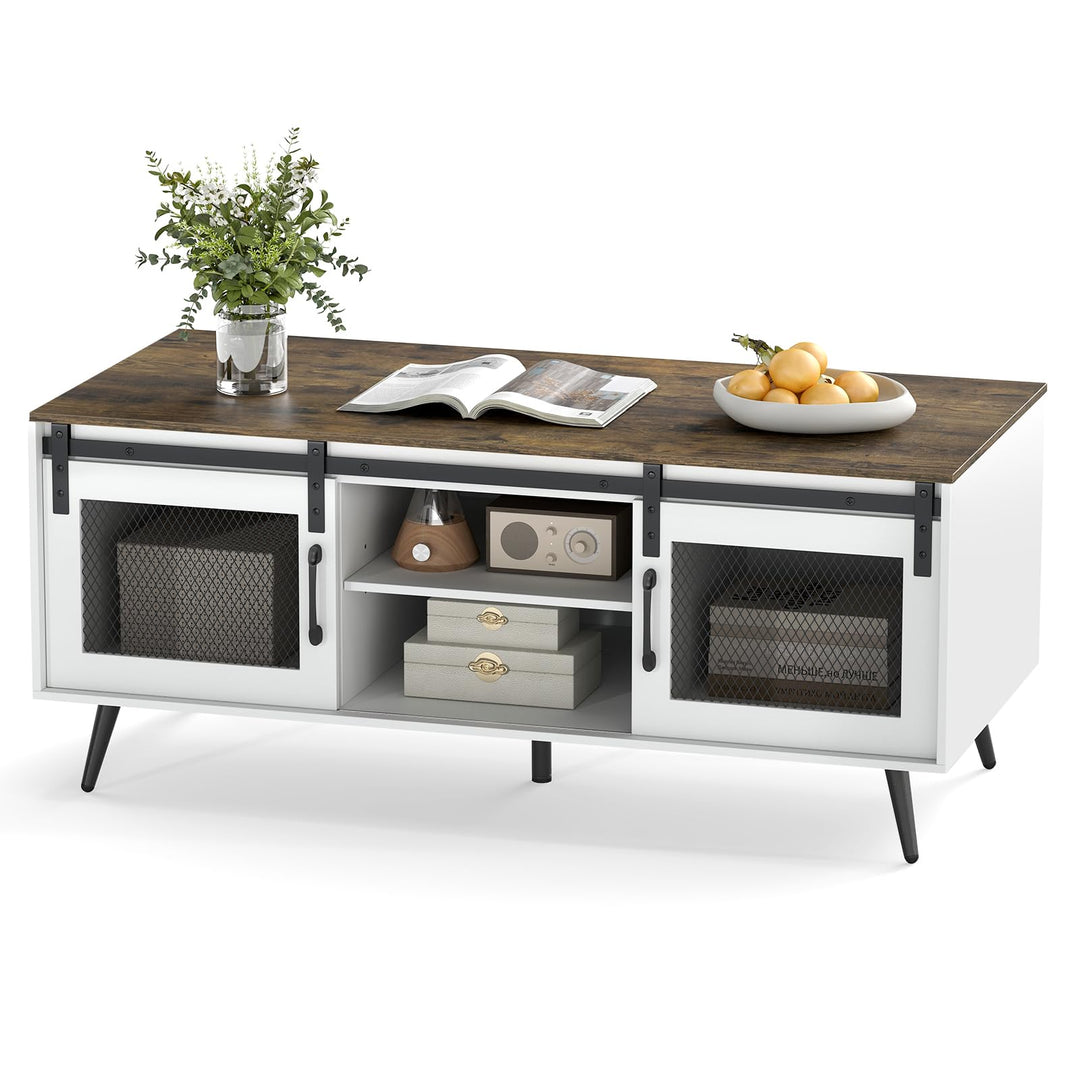 Giantex 48" Farmhouse Coffee Table with Sliding Doors &amp; Adjustable Shelf