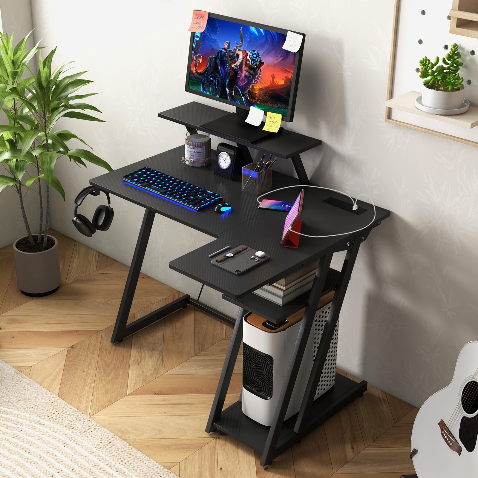 Giantex L Shaped Gaming Desk with Outlets & USB Ports, Small Computer Desk with Monitor Shelf