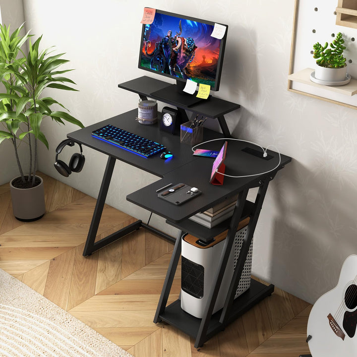 Giantex L Shaped Gaming Desk with Outlets & USB Ports, Small Computer Desk with Monitor Shelf