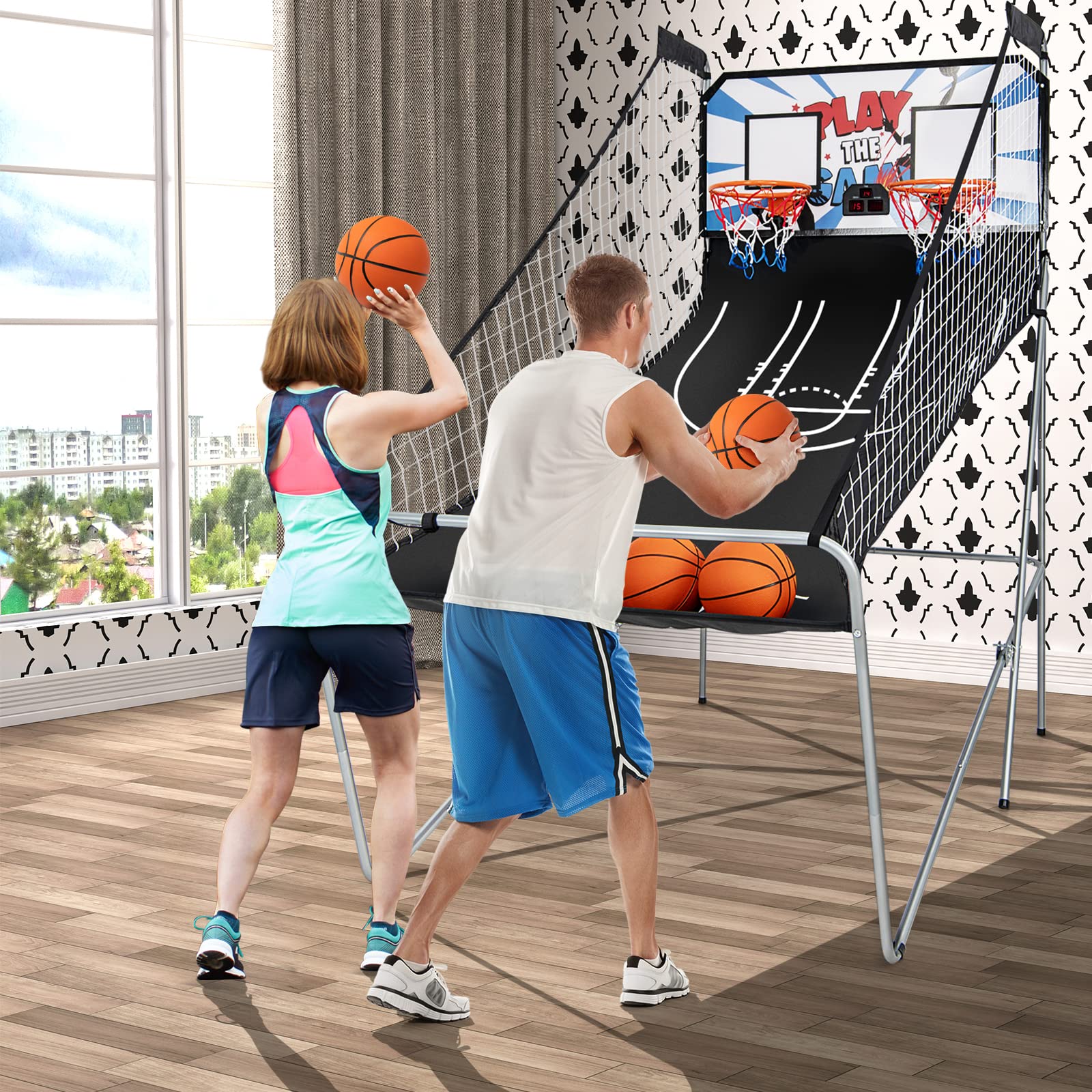 Foldable Basketball Arcade Game, 8 Game Options, Electronic Double Shot 2 Player w/ 4 Balls and LED Scoring System