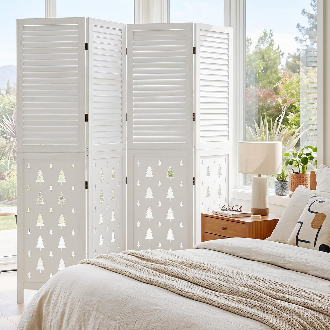 GIANTEX 4 Panel Folding Room Divider with Louvered Slats &amp; Pine Tree Cutout