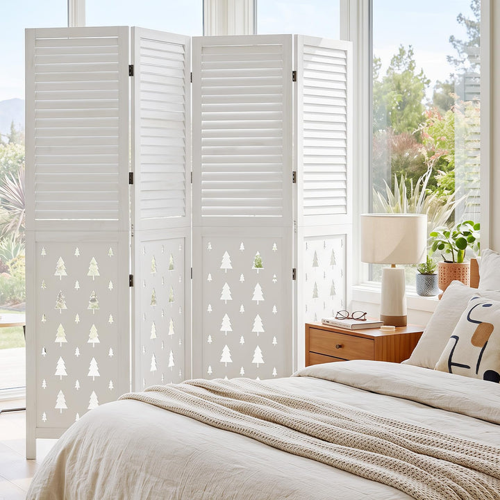 GIANTEX 4 Panel Folding Room Divider with Louvered Slats &amp; Pine Tree Cutout