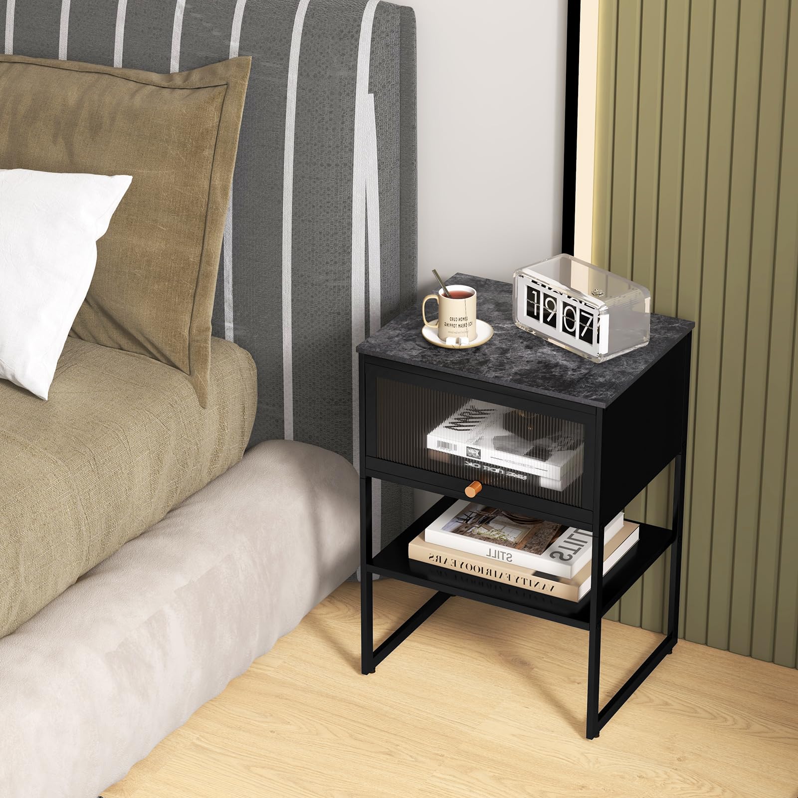 Giantex Black Nightstand, Modern End Table with Flip up Door