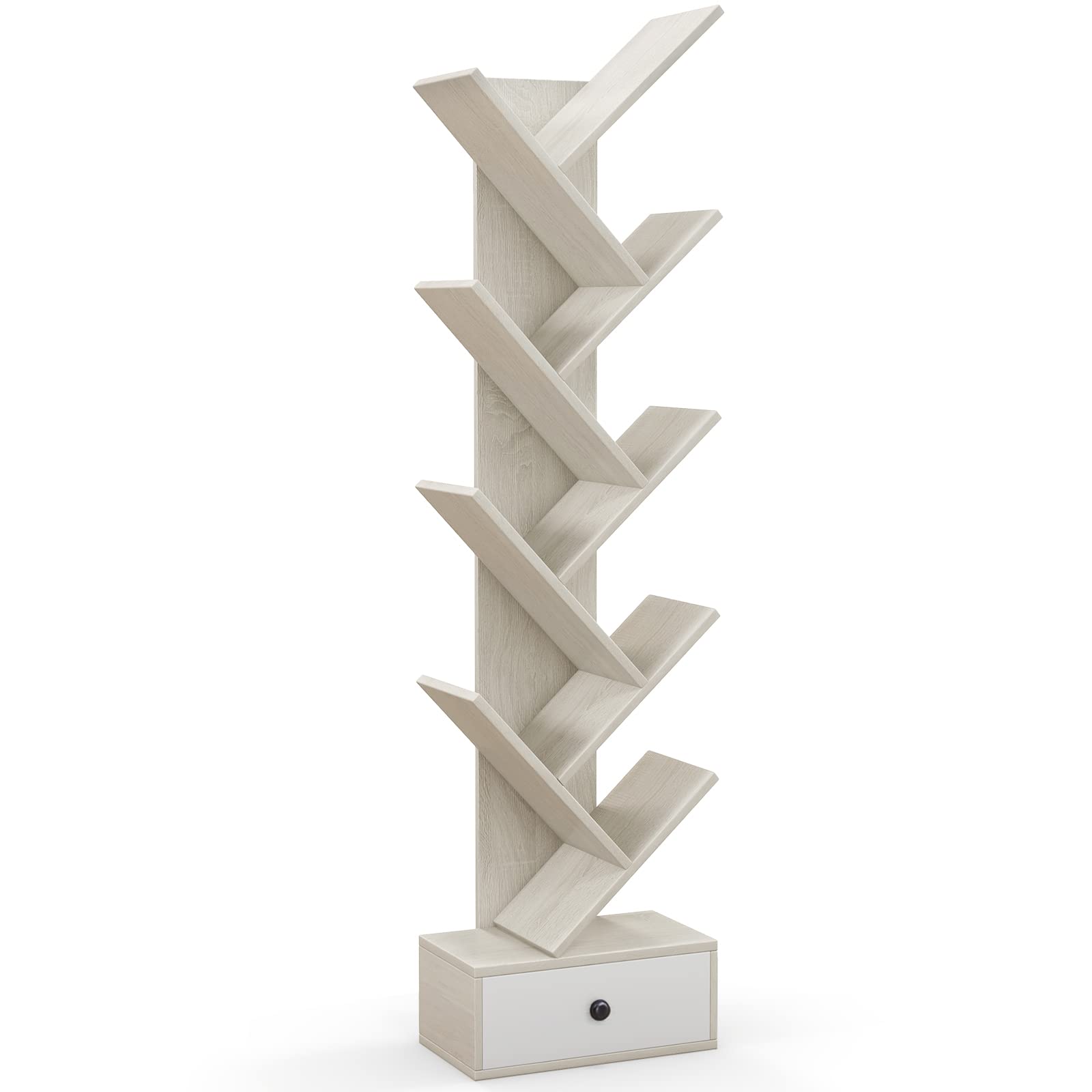 10-Tier Tree Bookshelf with Drawer, Beige - Giantex