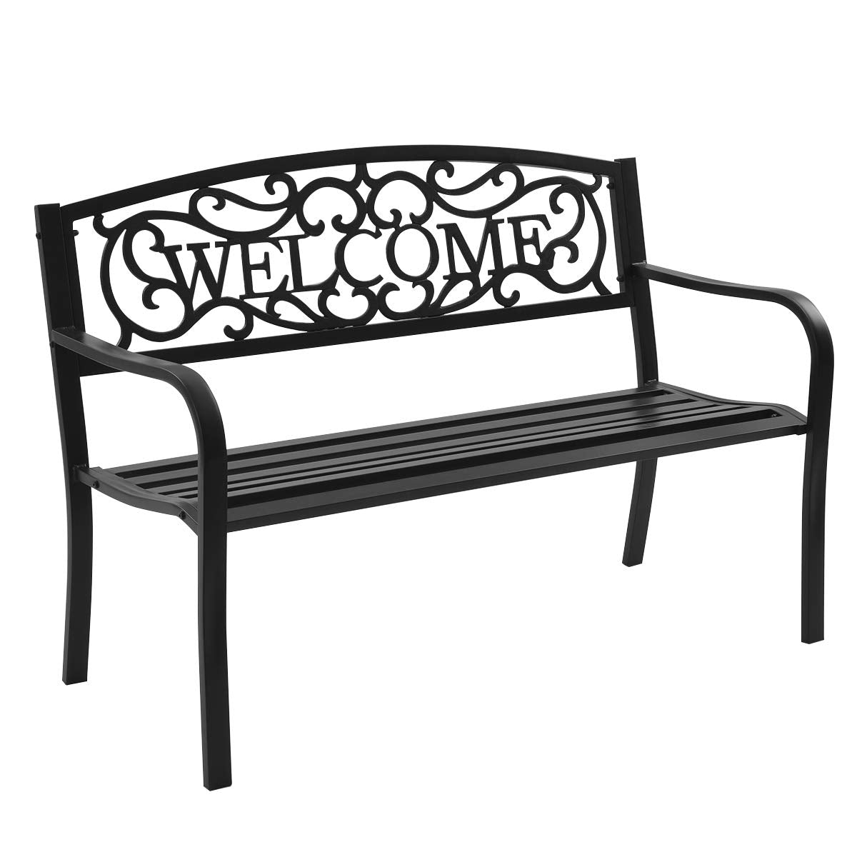 Giantex Garden Bench, Antique Metal Outside Bench w/Warm Welcome Pattern