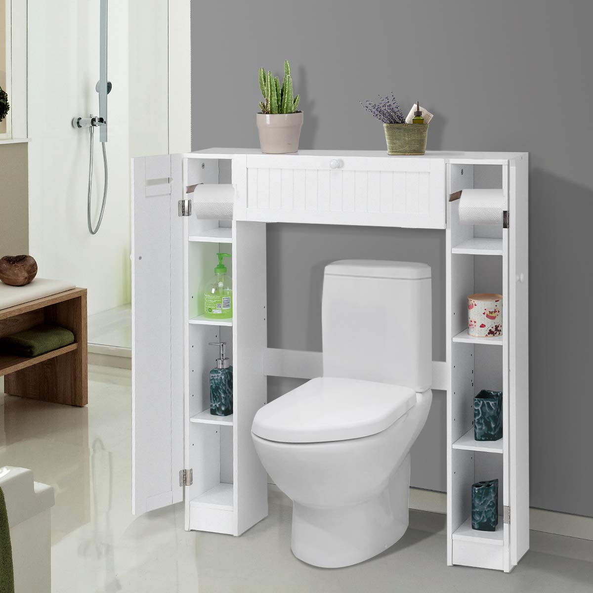 Over-The-Toilet Rack Bathroom Shelf Storage Cabinet Wooden Drop Door Freestanding Spacesaver Improvements, White