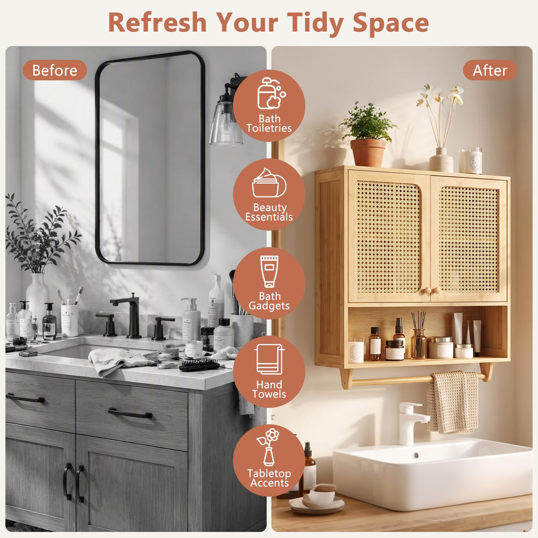 GIANTEX Wall Mounted Bamboo Bathroom Wall Cabinet with Towel Rack