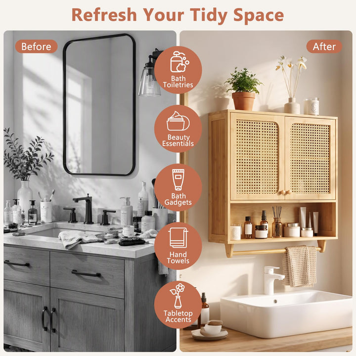 GIANTEX Wall Mounted Bamboo Bathroom Wall Cabinet with Towel Rack