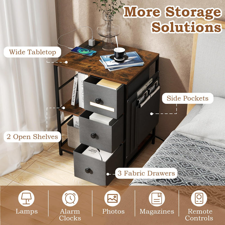 Giantex Industrial Nightstand with Charging Station - End Side Table w/3 Fabric Drawers