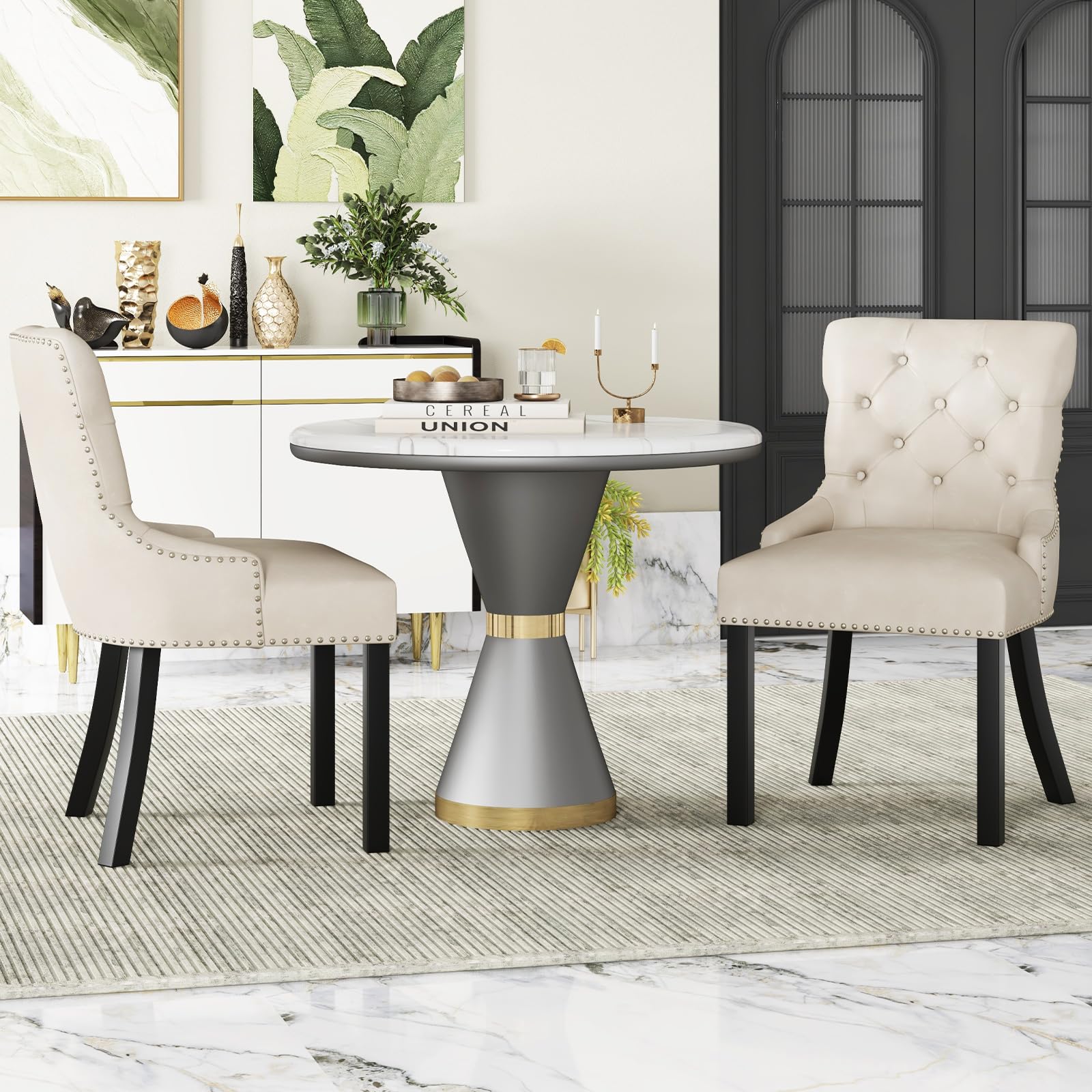 Gianex Upholstered Dining Chairs Set, Wood Wingback Accent Chairs w/Rubber Wood Legs & Nailhead Button Tufted Back