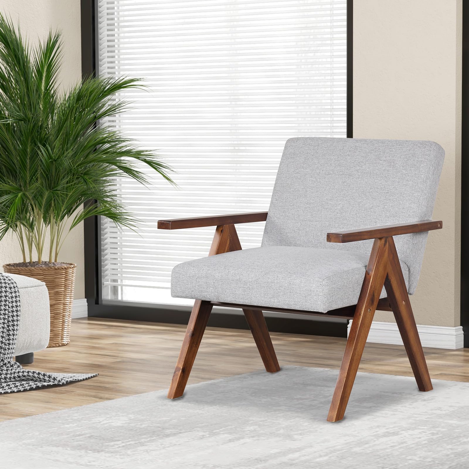 Giantex Modern Accent Chair, Linen Fabric Armchair with Solid Acacia Wood Frame, Soft Padded Cushion