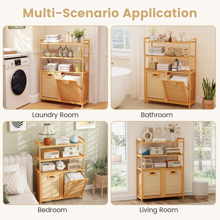 Giantex Double Tilt Out 14 Gal Bamboo Laundry Hamper with 3-Tier Storage Shelf