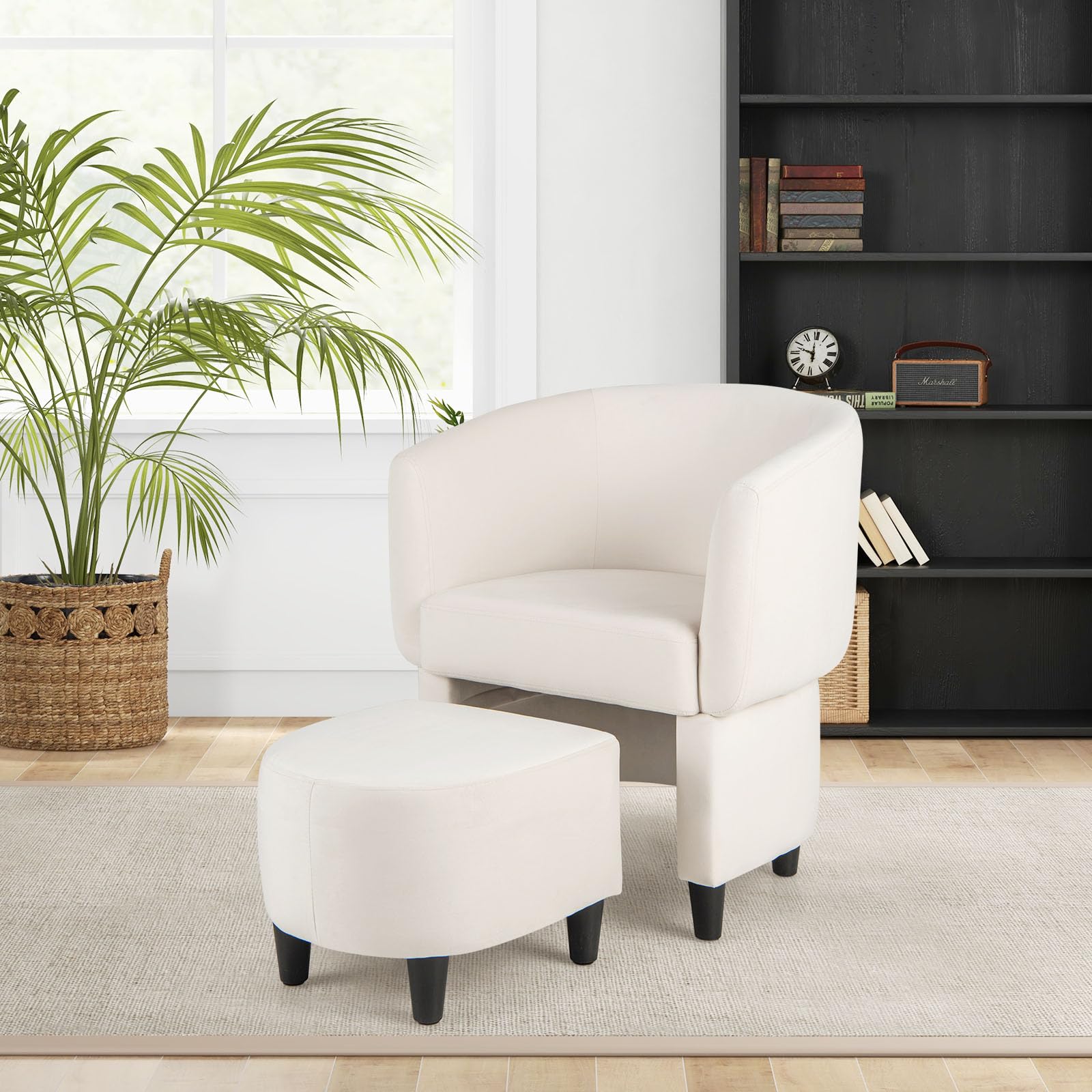 Giantex Modern Accent Chair with Ottoman, Upholstered Velvet Barrel Chair