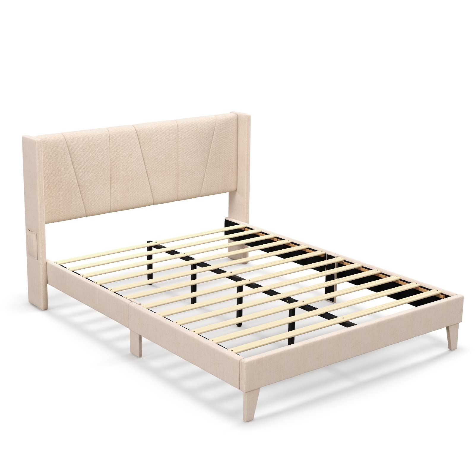 Giantex Queen/Full Bed Frame with Geometric Wingback Headboard, Modern Beige Bed