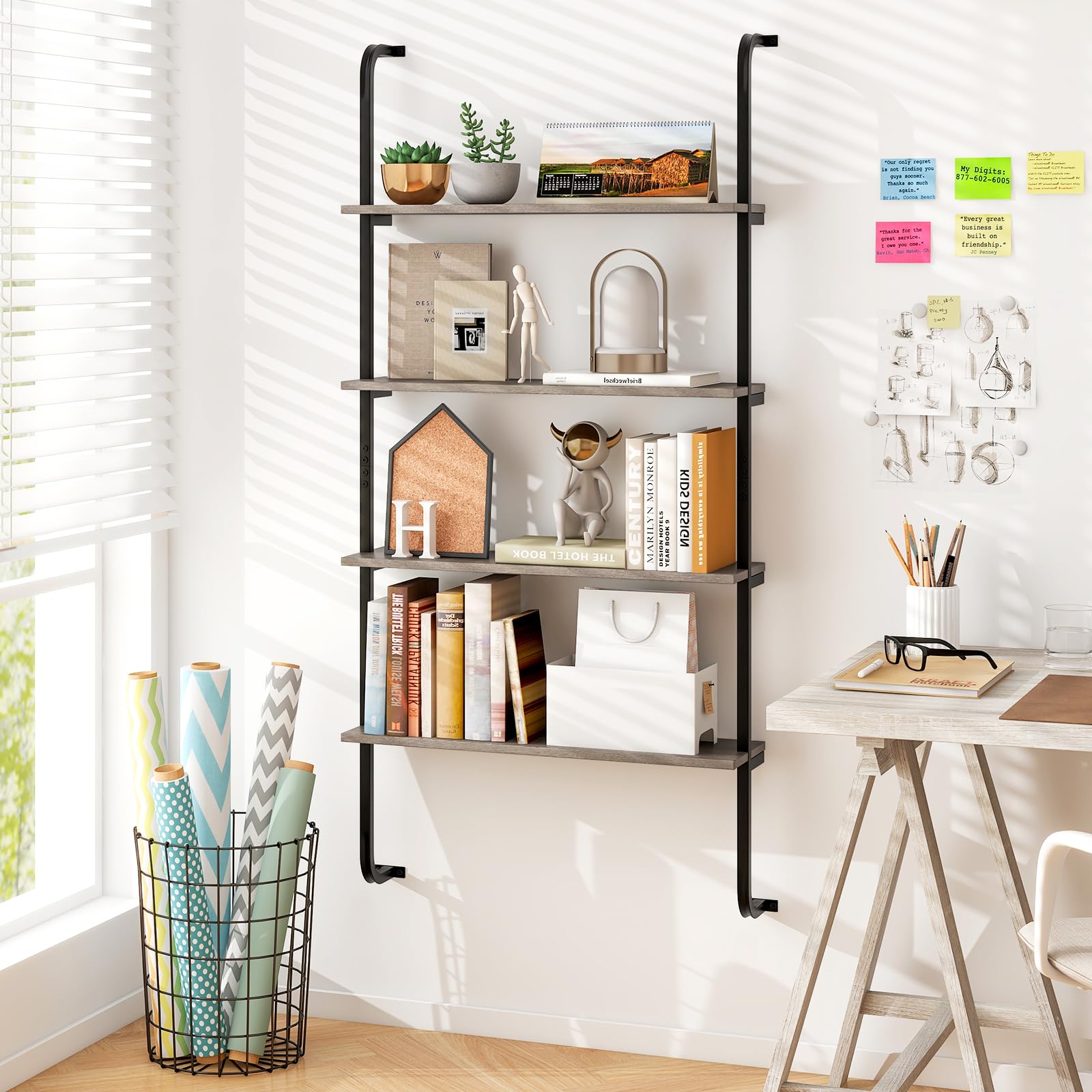 Giantex 4-Tier Industrial Bookshelf, Wall Mounted Pipe Shelving Unit, Floating Shelves with Metal Frame