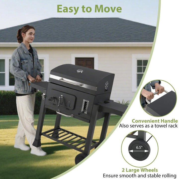 Giantex 24" Charcoal BBQ Grill with Adjustable Charcoal Tray Thermometer Foldable Side Tables