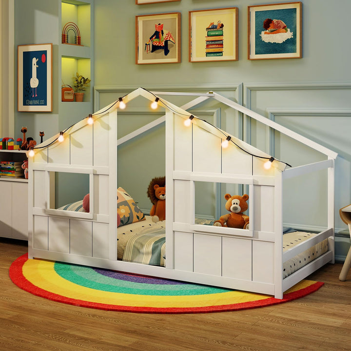 Giantex Twin Kids House Bed with Light Bulbs Wooden Montessori Floor Bed Frame with Roof & Windows