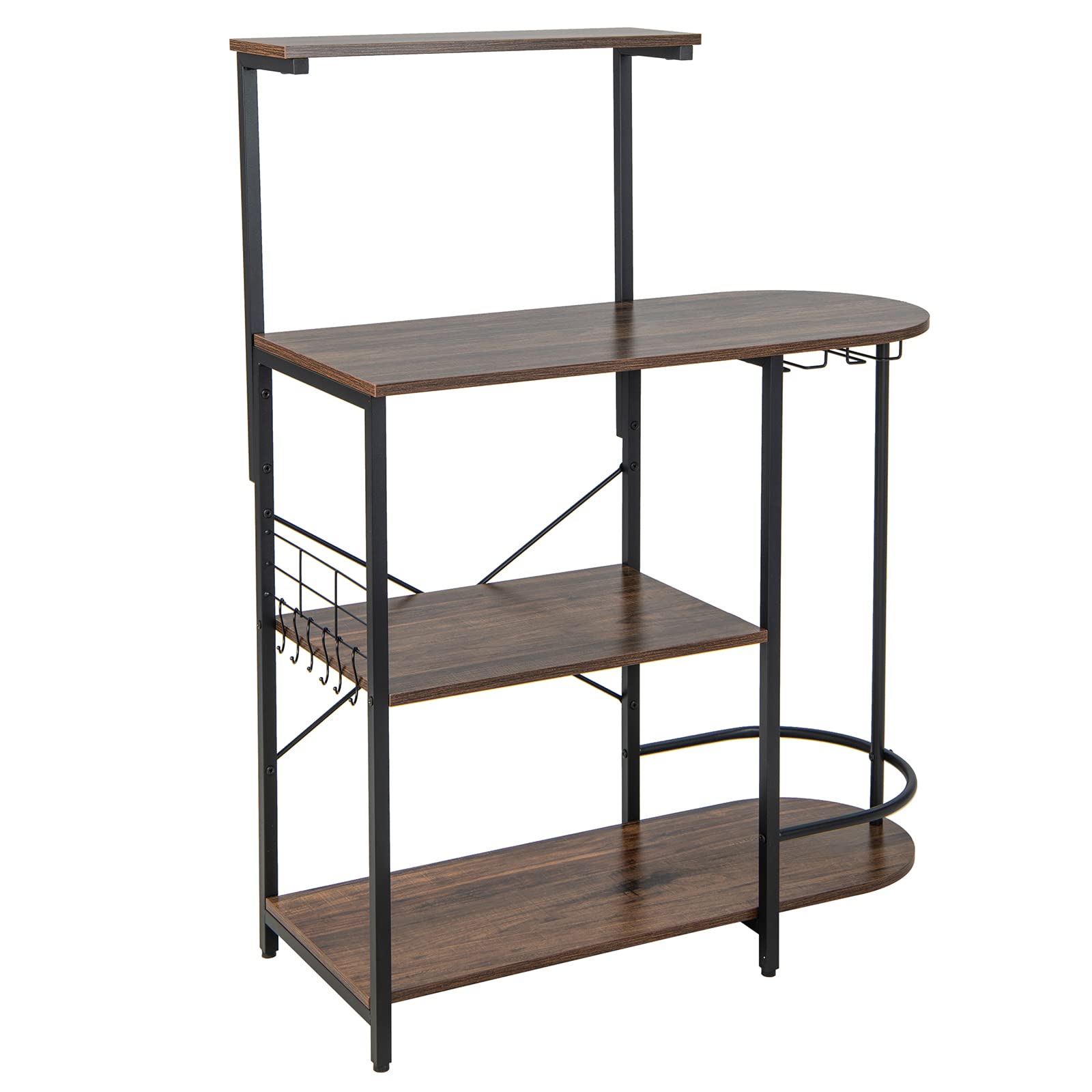 Giantex Kitchen Bakers Rack, 4-Tier Microwave Stand with 6 Hooks & Stemware Racks (Rustic Brown)