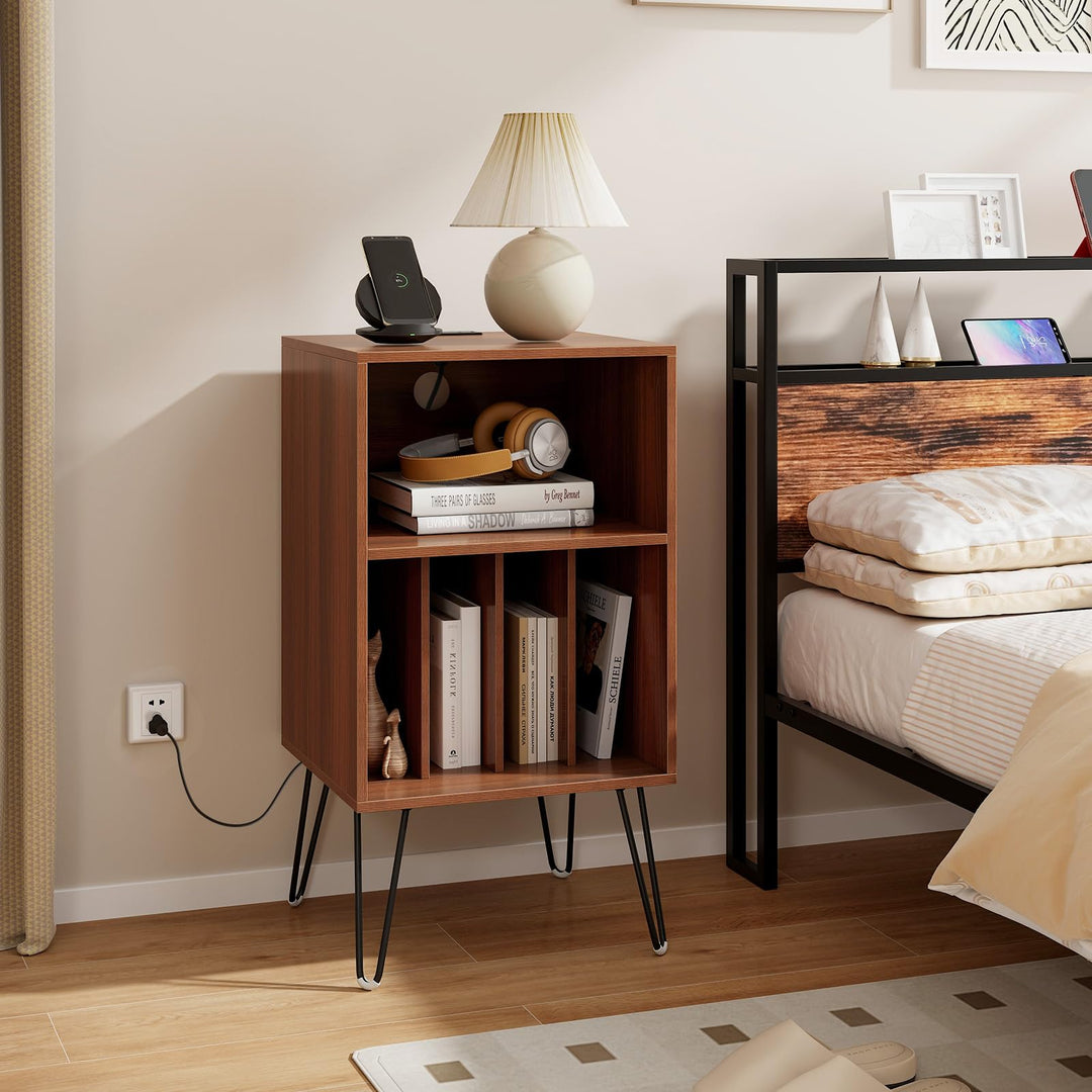 Giantex Record Player Stand with Charging Station Turntable Cabinet with Record Storage & Metal Legs