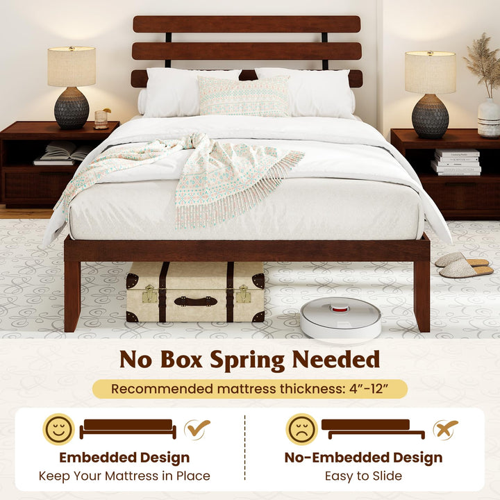 Giantex Platform Bed with Retro Headboard Mid Century Modern Bed Frame with Wood Slat Support