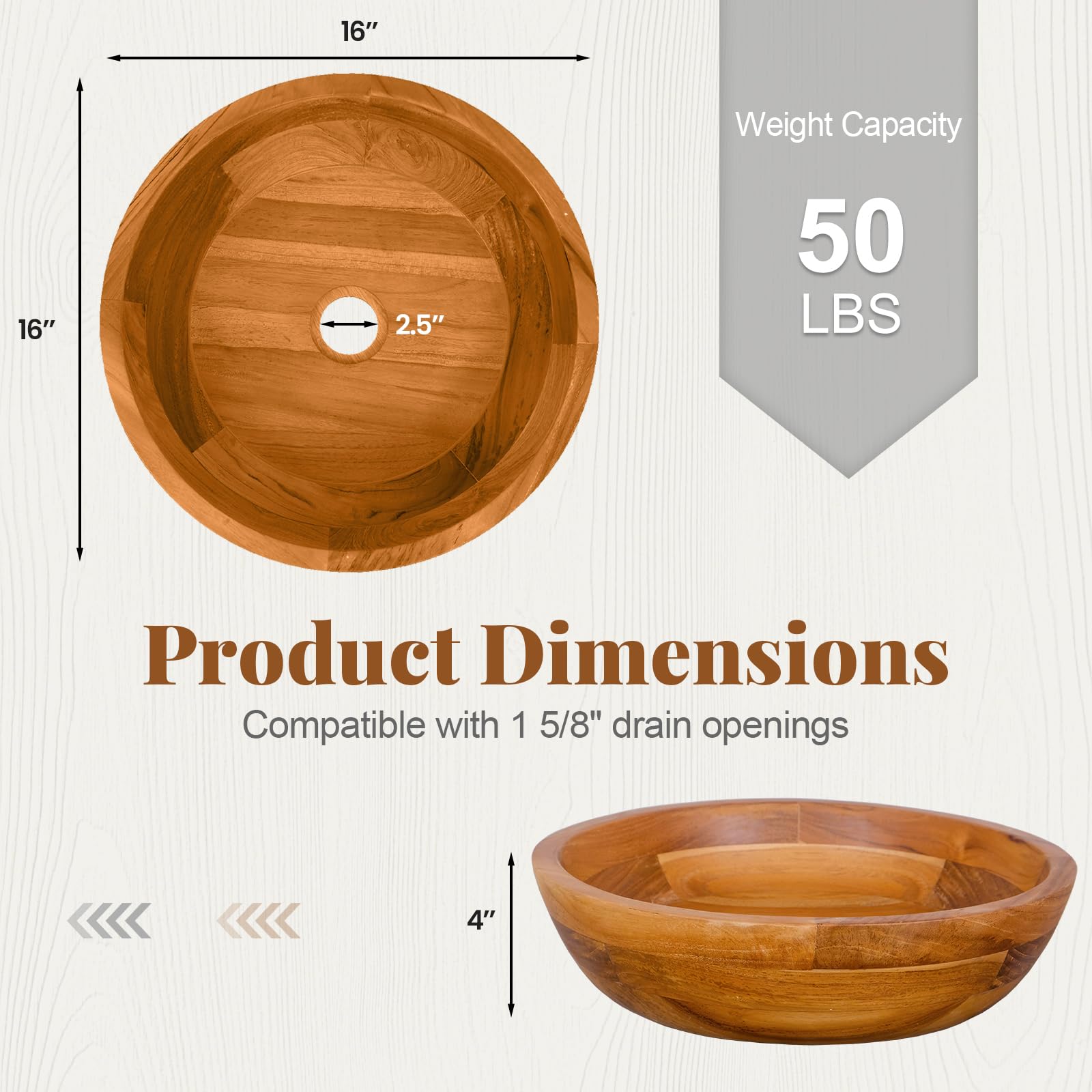 Giantex Teak Wood Vessel Sink - Bathroom Washbasin with Smooth Finish, Round Corner (16” x 16” x 4” Bowl-shaped)