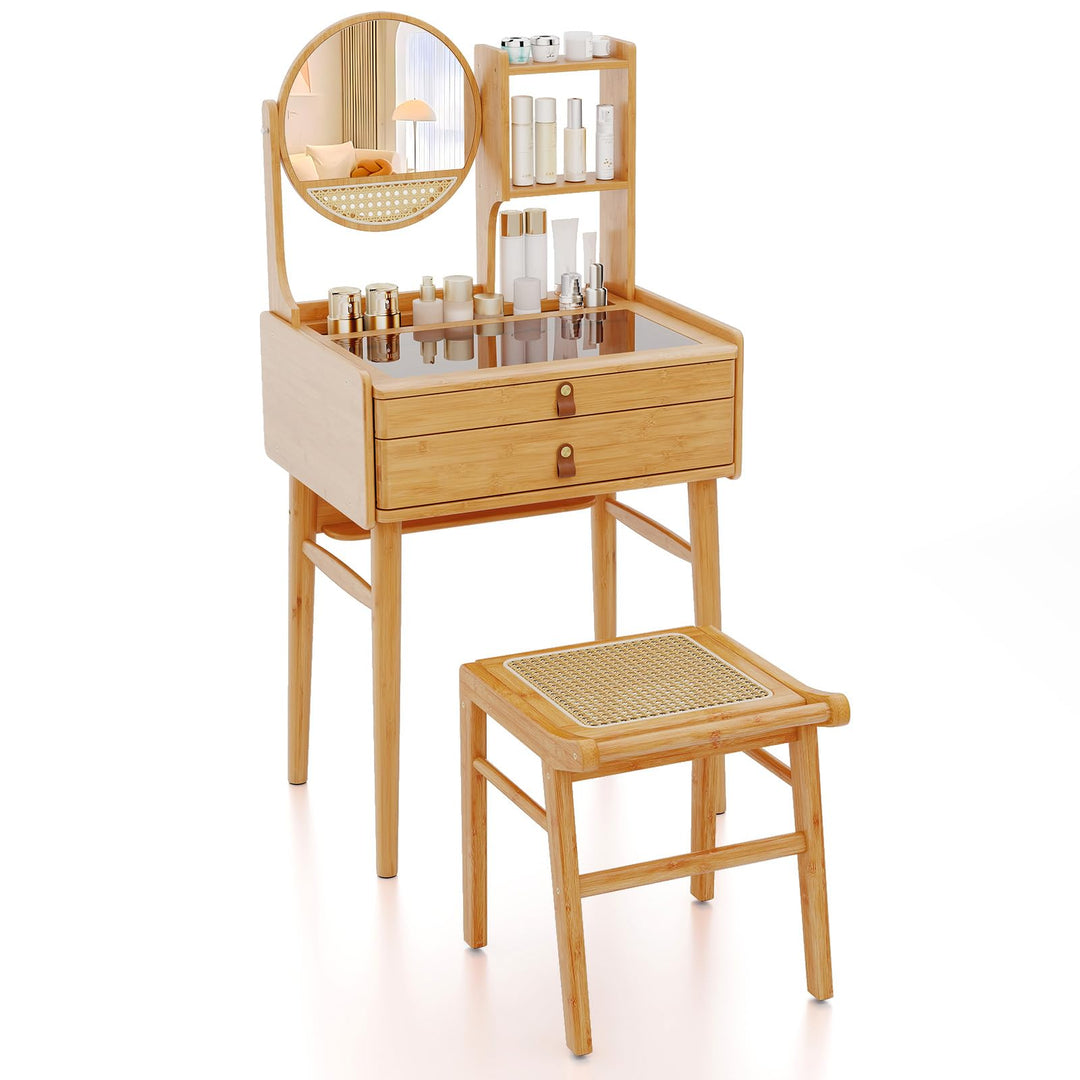 CHARMAID Small Vanity Desk with Mirror Glass Top Bamboo Makeup Vanity Table