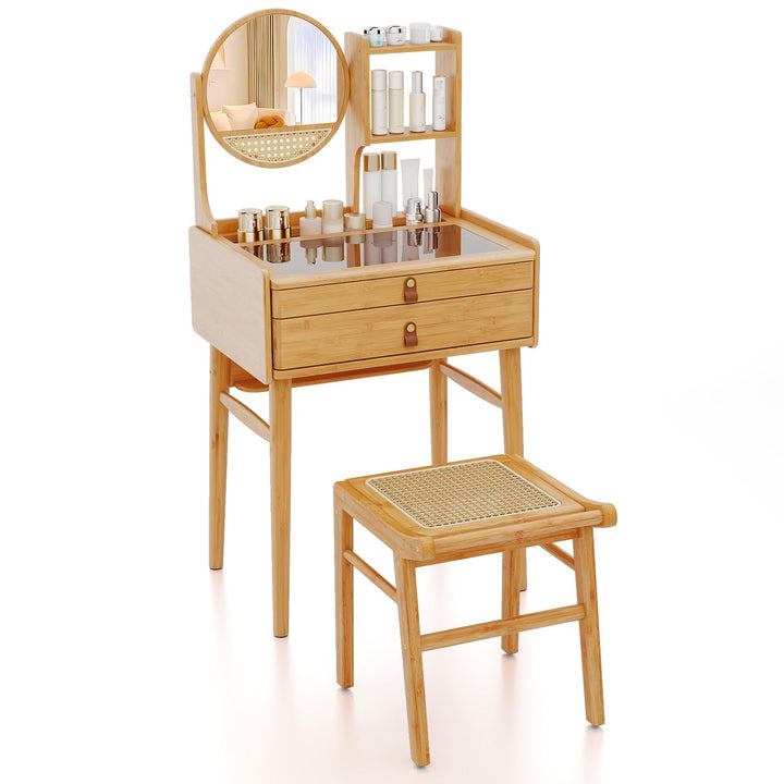 CHARMAID Small Vanity Desk with Mirror Glass Top Bamboo Makeup Vanity Table