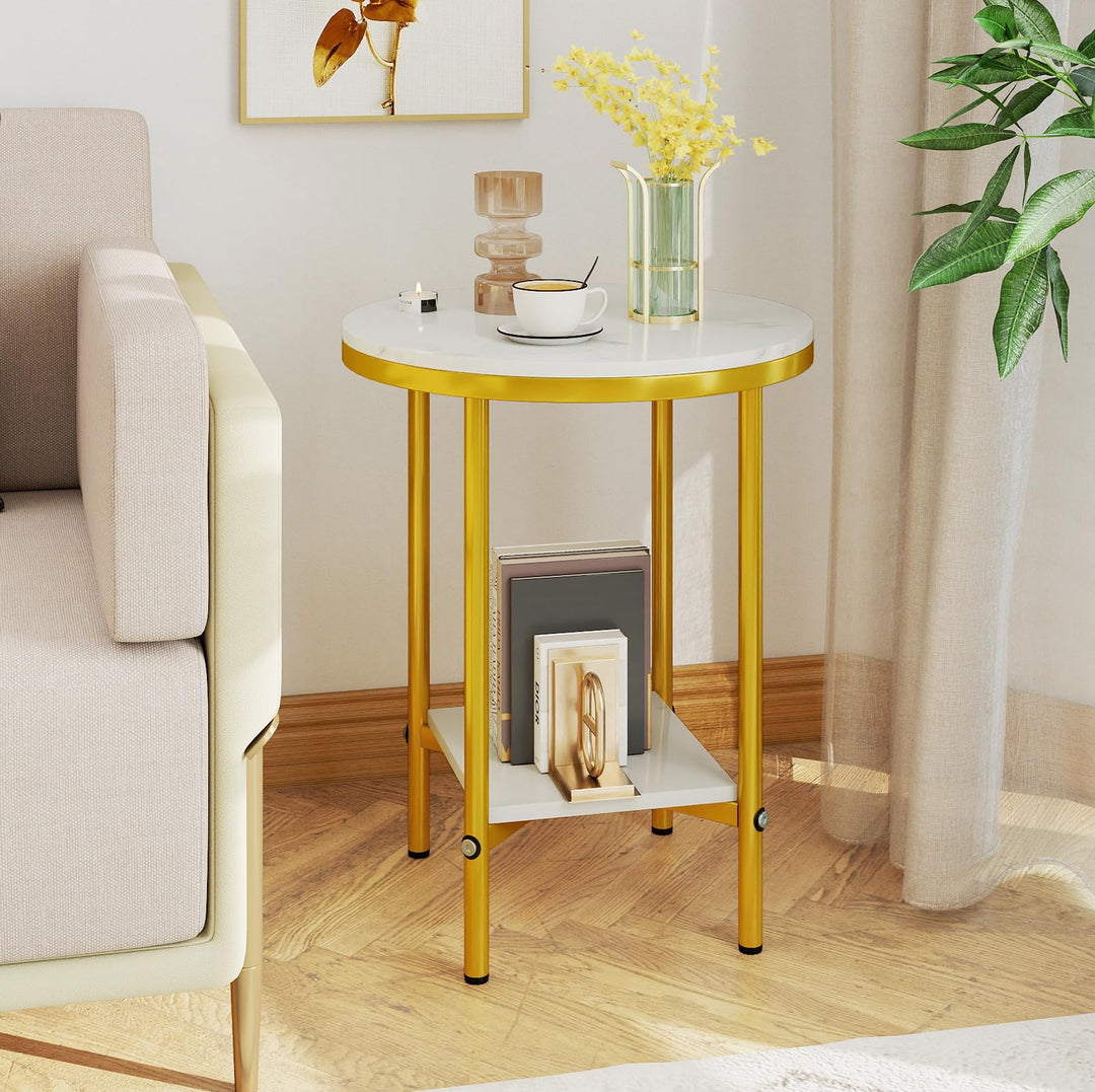 Giantex Round Side Table 2-Tier Faux Marble Sofa Side Coffee Table w/Gold Frame & Open Shelf