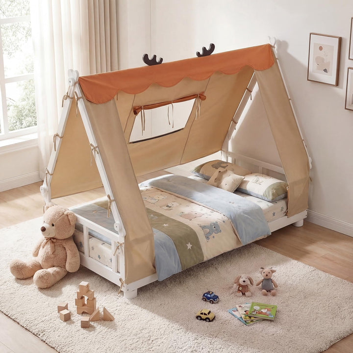 Giantex Twin Size House Floor Wood Bed with Tent