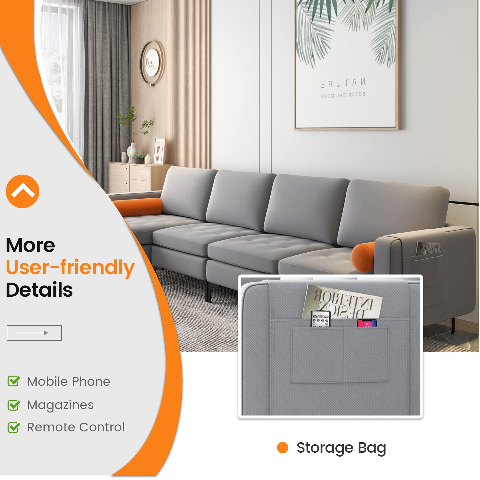 Giantex Sectional Sofa Couch, Convertible Sleeper with 2 or 1 USB Ports Socket