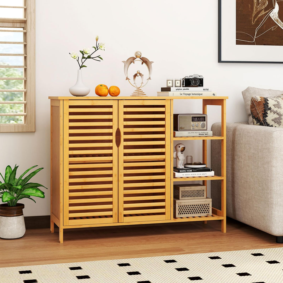 Giantex Bamboo Bathroom Storage Cabinet 2-Door Storage Organizer with Shelves