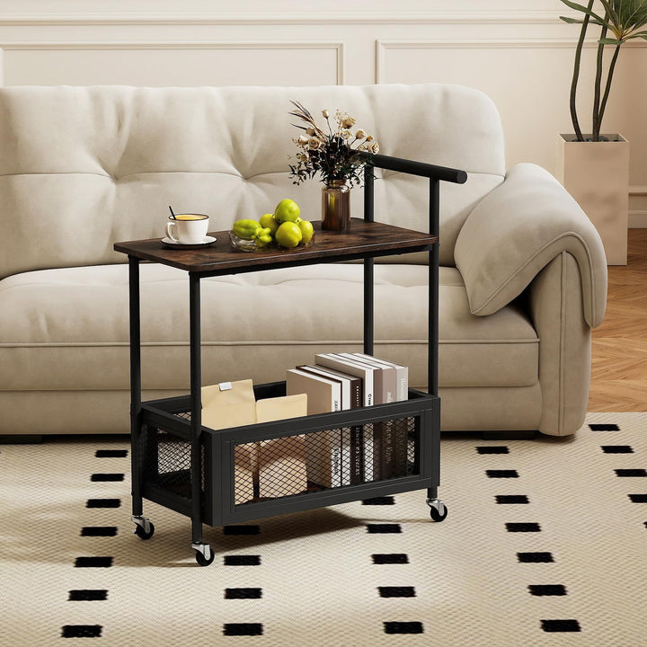 Giantex Rolling End Table with Handle 2-Tier Sofa Side Table with Open Shelf & Mesh Basket