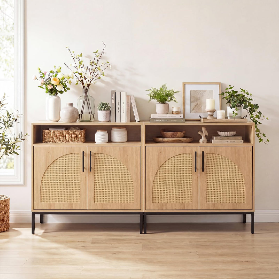 Giantex 32" Sideboard Buffet Cabinet with 2 Natural Rattan Decorated Doors (1/2)