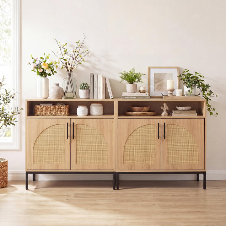 Giantex 32" Sideboard Buffet Cabinet with 2 Natural Rattan Decorated Doors (1/2)