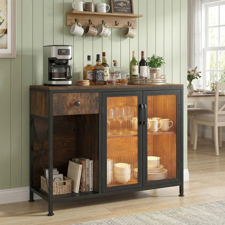 Giantex Industrial Buffet Sideboard with Power Outlets and LED Light