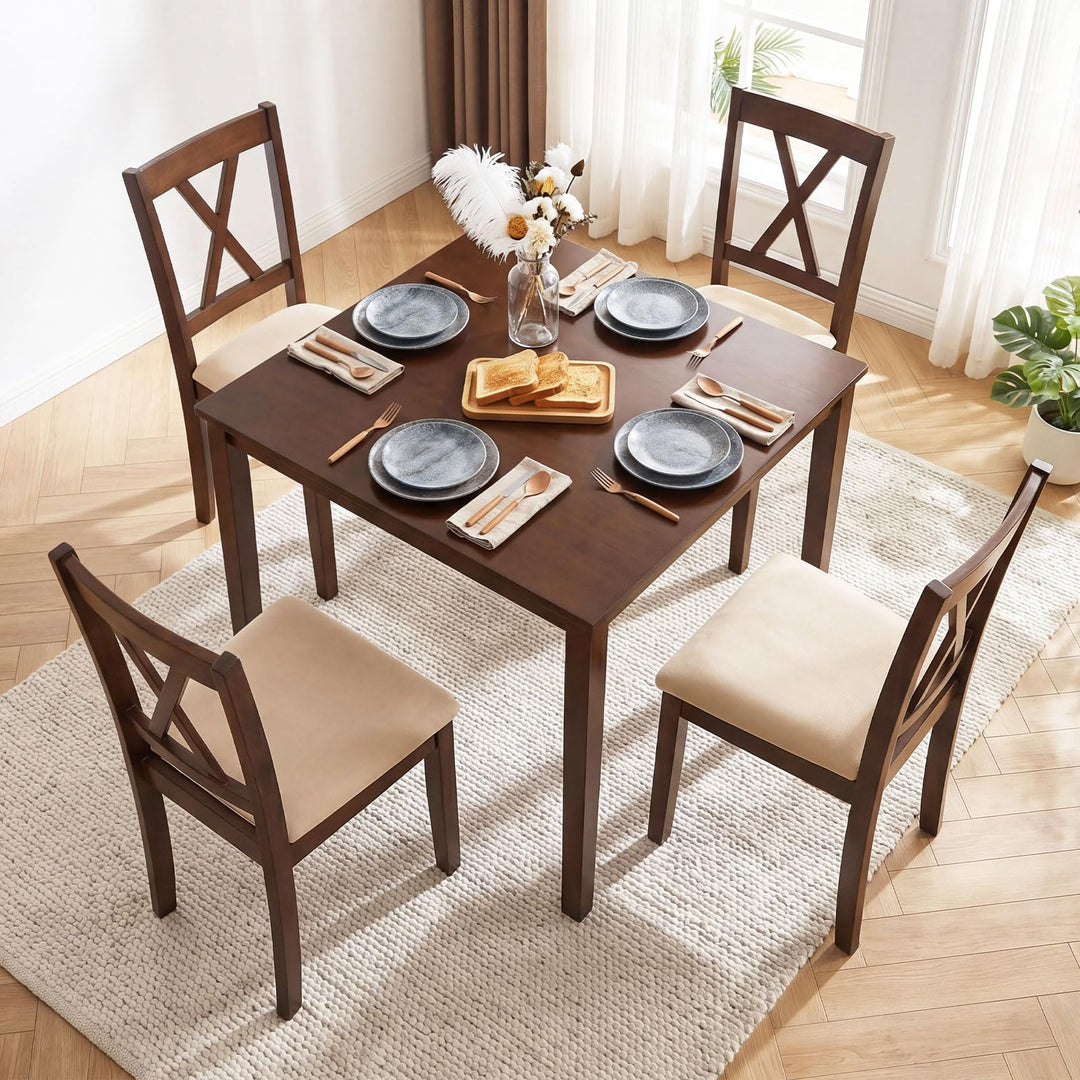 Giantex Dining Table Set for 4 | Square Kitchen Table Set w/ 4 Upholstered Chairs w/X-Shaped Backrest