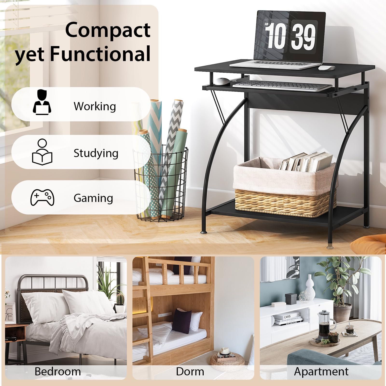 Giantex Computer Desk for Small Spaces, 27.5" Laptop Table with Pull-Out Keyboard Tray & Bottom Storage Shelf