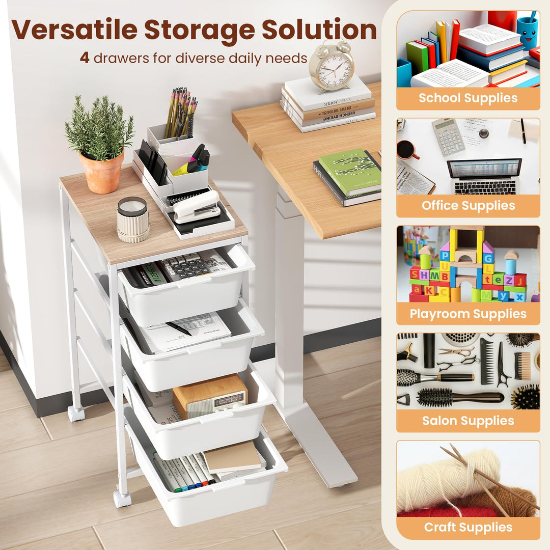Giantex 4-Drawer Rolling Storage Cart Mobile Utility Organizer with Wooden Tabletop and Lockable Wheels