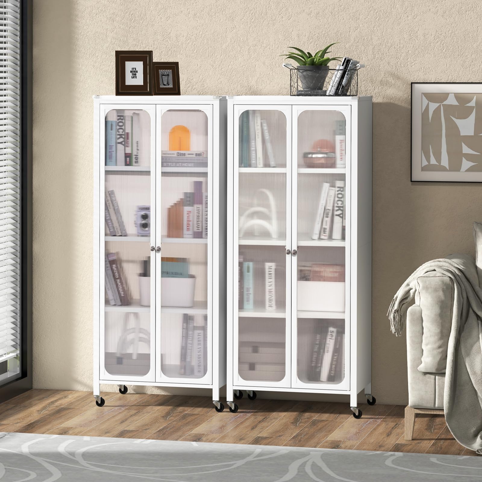 Giantex Bookcase with Doors, 58" Tall 4-Tier Bookshelf with Wheels, Adjustable Shelves (White)