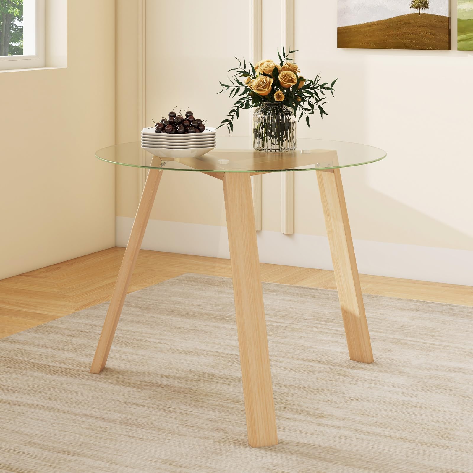 Giantex Round Glass Dining Table for 4 - Small Coffee Table with Rubber Wood Frame