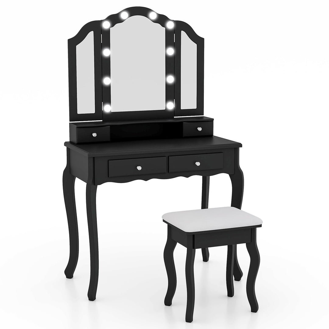 CHARMAID Vanity Desk with Lights - Makeup Vanity Table with Tri-Fold Mirror, 10 Adjustable Hollywood LED Lights, 4 Storage Drawers