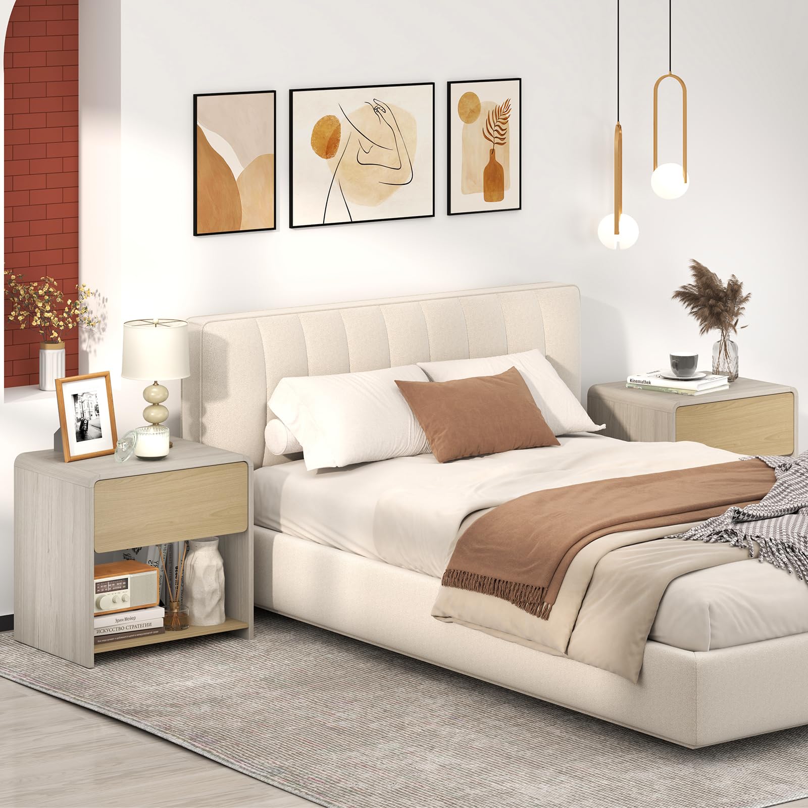 Giantex Modern Nightstand with Drawer Set of 1/2 Storage Open Shelf