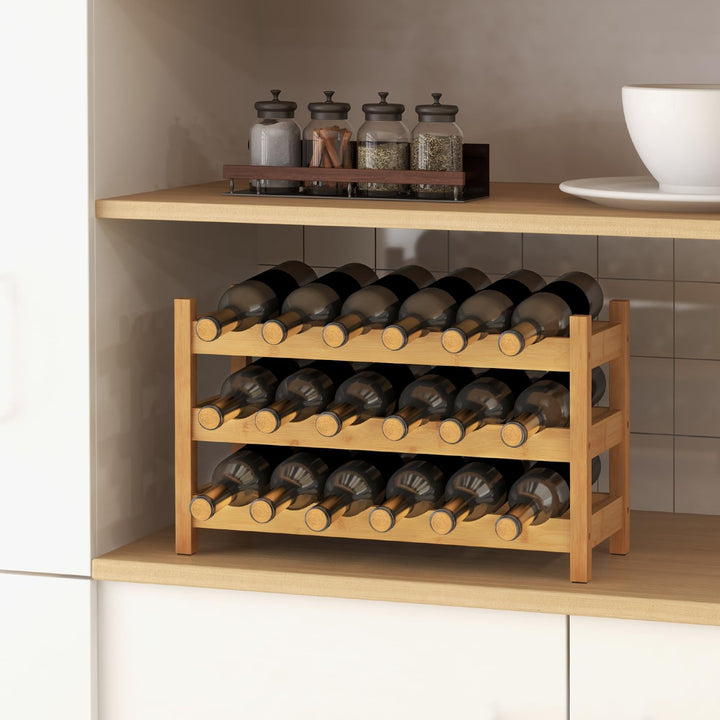 Giantex Bamboo Wine Rack, 3 Tier 18 Bottle Wine Storage Cabinet Shelf, Small Wine Rack Bottle Organizer Freestanding Counter