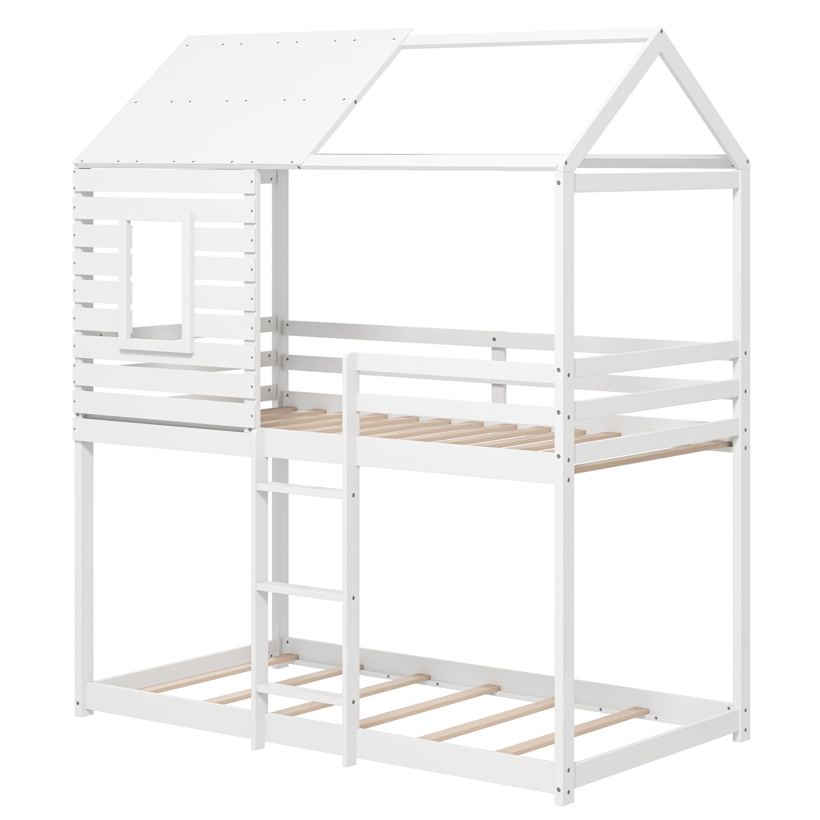 Giantex White Wood Bunk Bed Twin Over Twin with Ladder and Guardrail