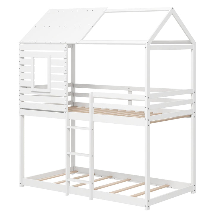 Giantex White Wood Bunk Bed Twin Over Twin with Ladder and Guardrail