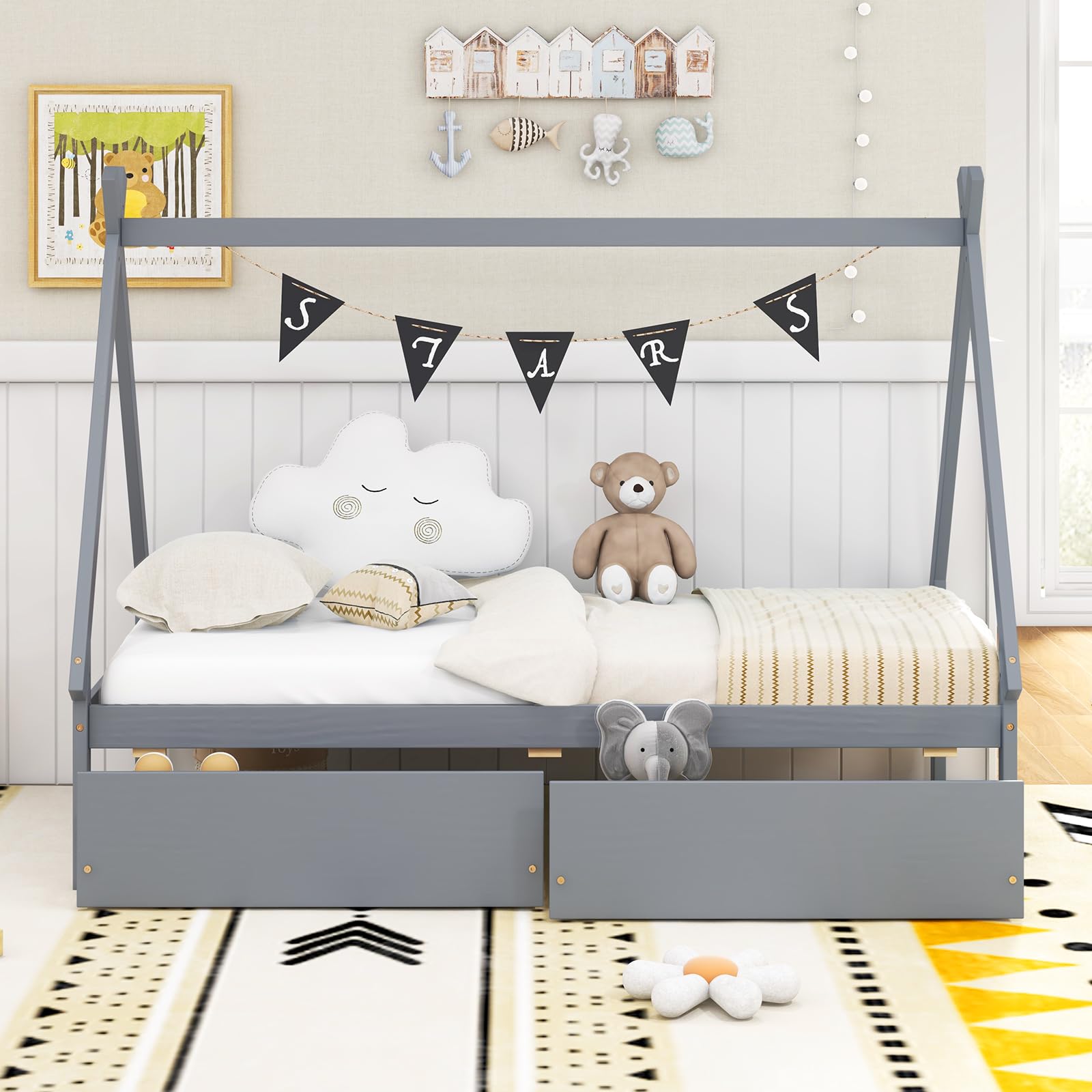 Giantex Twin Bed Frame with 2 Storage Drawers, Wood House Tent Platform Bed Frame with Triangle Structure
