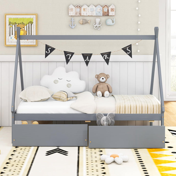 Giantex Twin Bed Frame with 2 Storage Drawers, Wood House Tent Platform Bed Frame with Triangle Structure