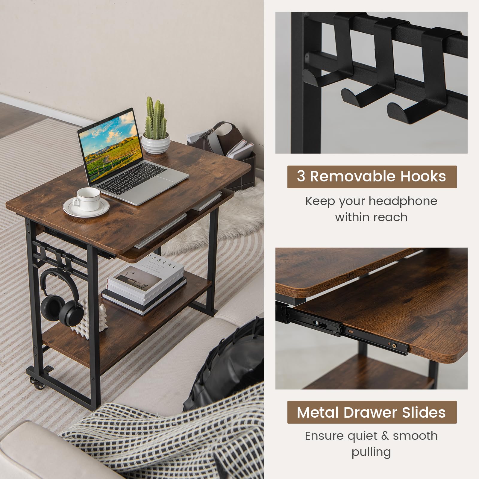 Giantex Mobile Computer Desk, Rolling Writing Desk with Keyboard Tray, Shelf & 3 Hanging Hooks, Rustic Brown & Black